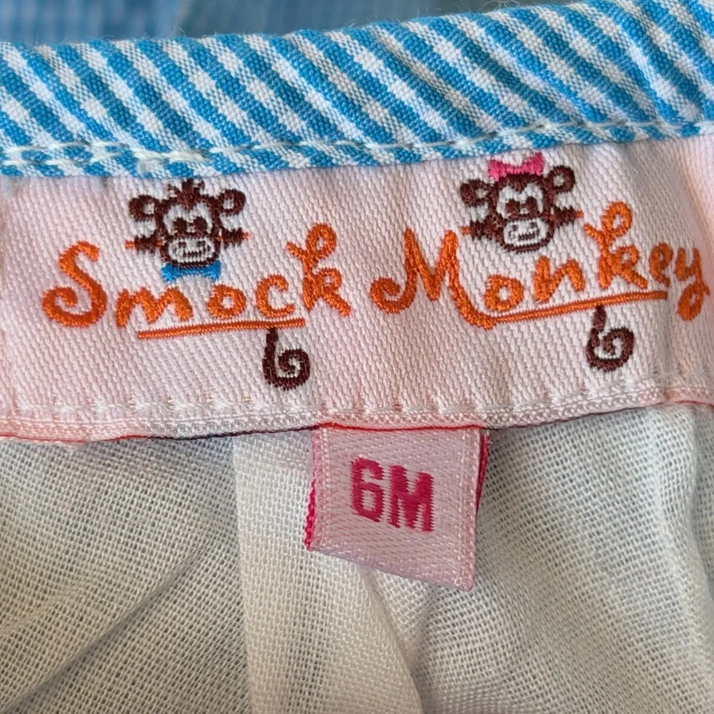 Smock Monkey Baby Top with Blue Gingham Trim - White